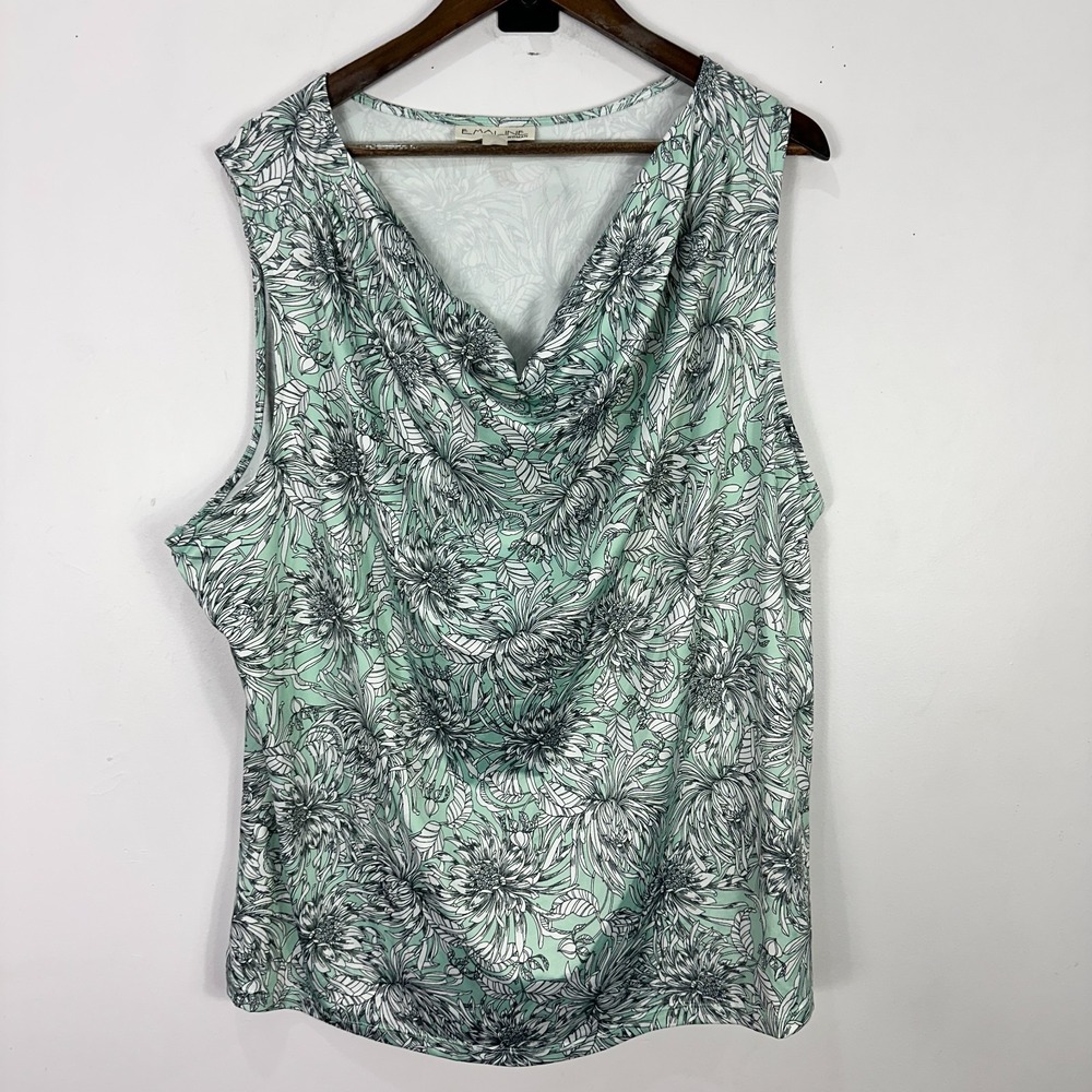 Emaline Woman Top 3X Mint Floral Cowl Neck Sleeveless Blouse‎ Plus Career Chic